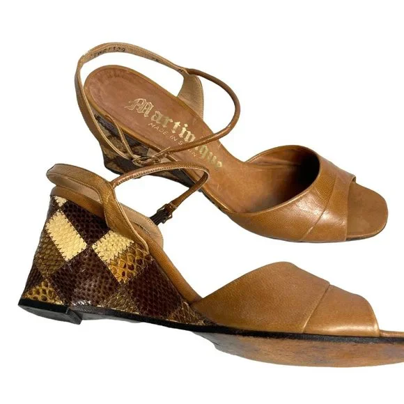 Vintage Snake Skin Size 6 Martinique Wedges Leather Brown Open Toe Spain Women's - Picture 1 of 12